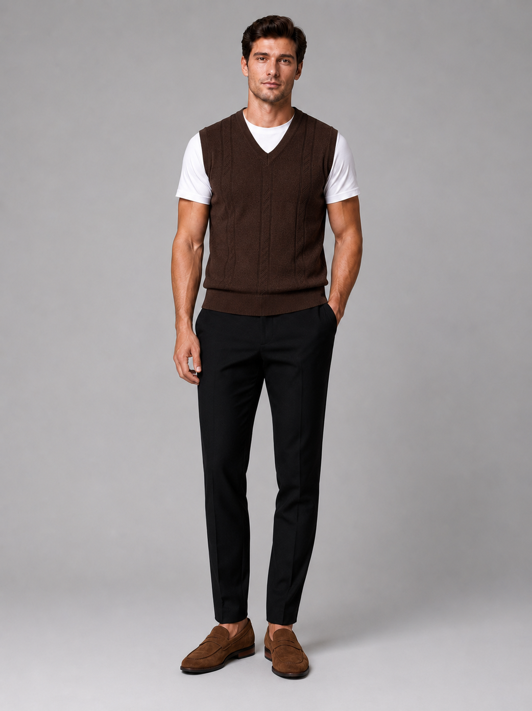 Brown sleeveless sweater vest for men warm knit layer for everyday wear