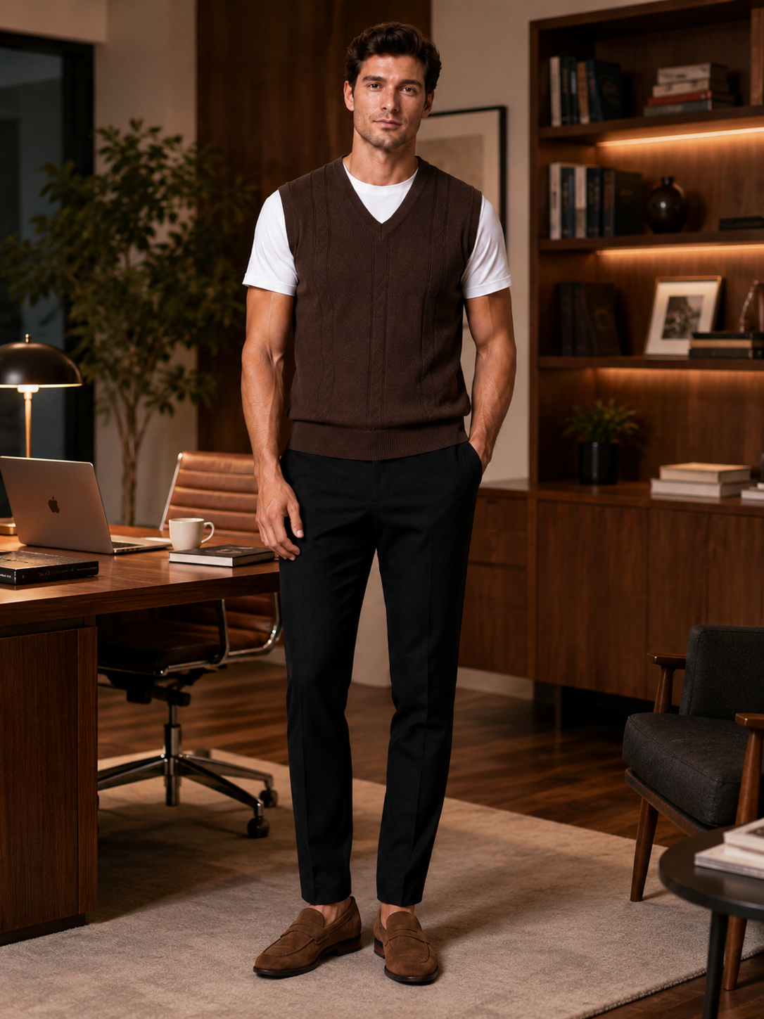 Man styling brown v neck sweater vest in a classic business casual everyday outfit