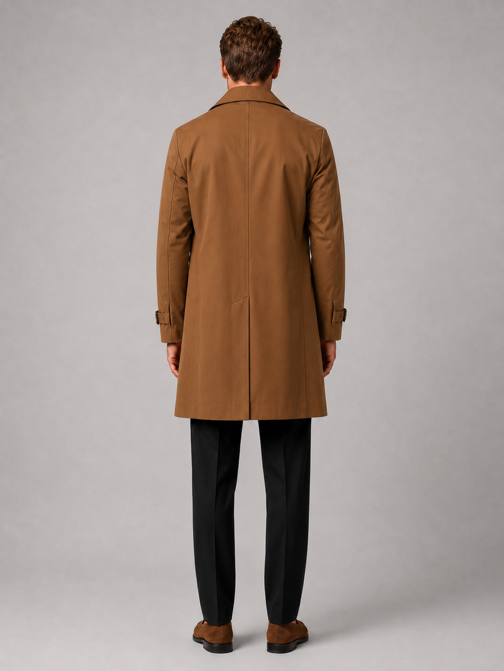 Men’s brown double breasted trench coat comfortable fall outerwear for casual and commuting outfits