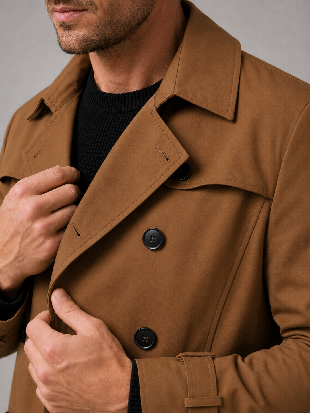 Close up of brown trench coat showing double breasted front, structured lapel, and premium fabric detail