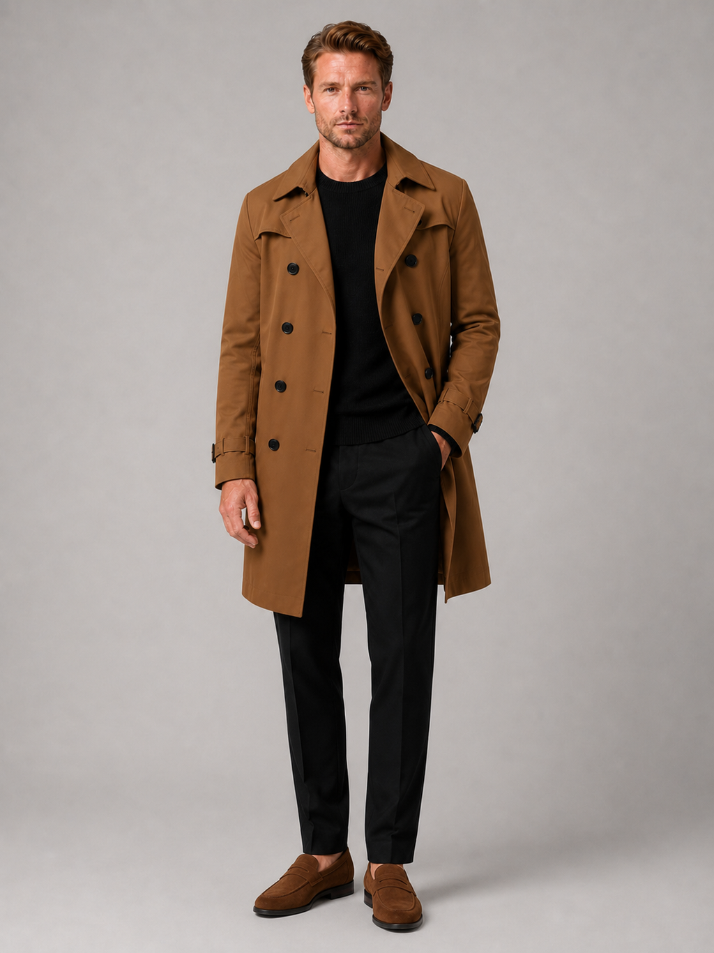 Brown knee length trench coat for men windproof long coat for outdoor and everyday wear