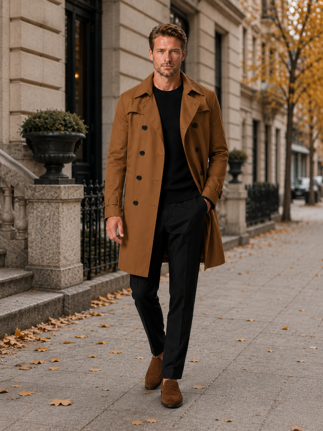 Man styling brown trench coat in a sophisticated outdoor and everyday lifestyle outfit