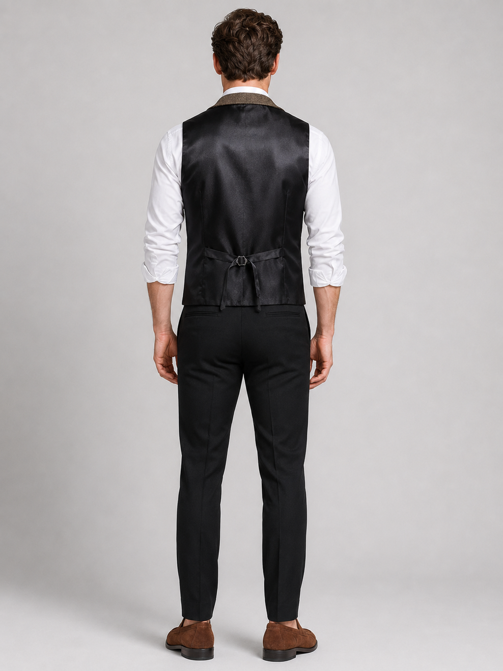 Men’s brown tweed waistcoat comfortable fall winter layer for business casual and formal outfits
