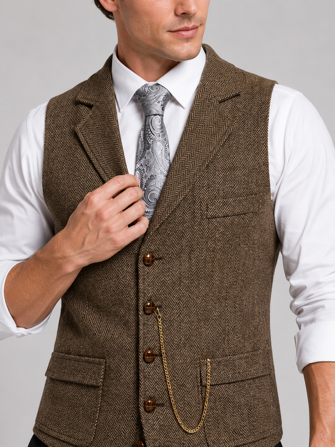 Close up of brown tweed vest showing herringbone texture, lapel detail, and chain accent