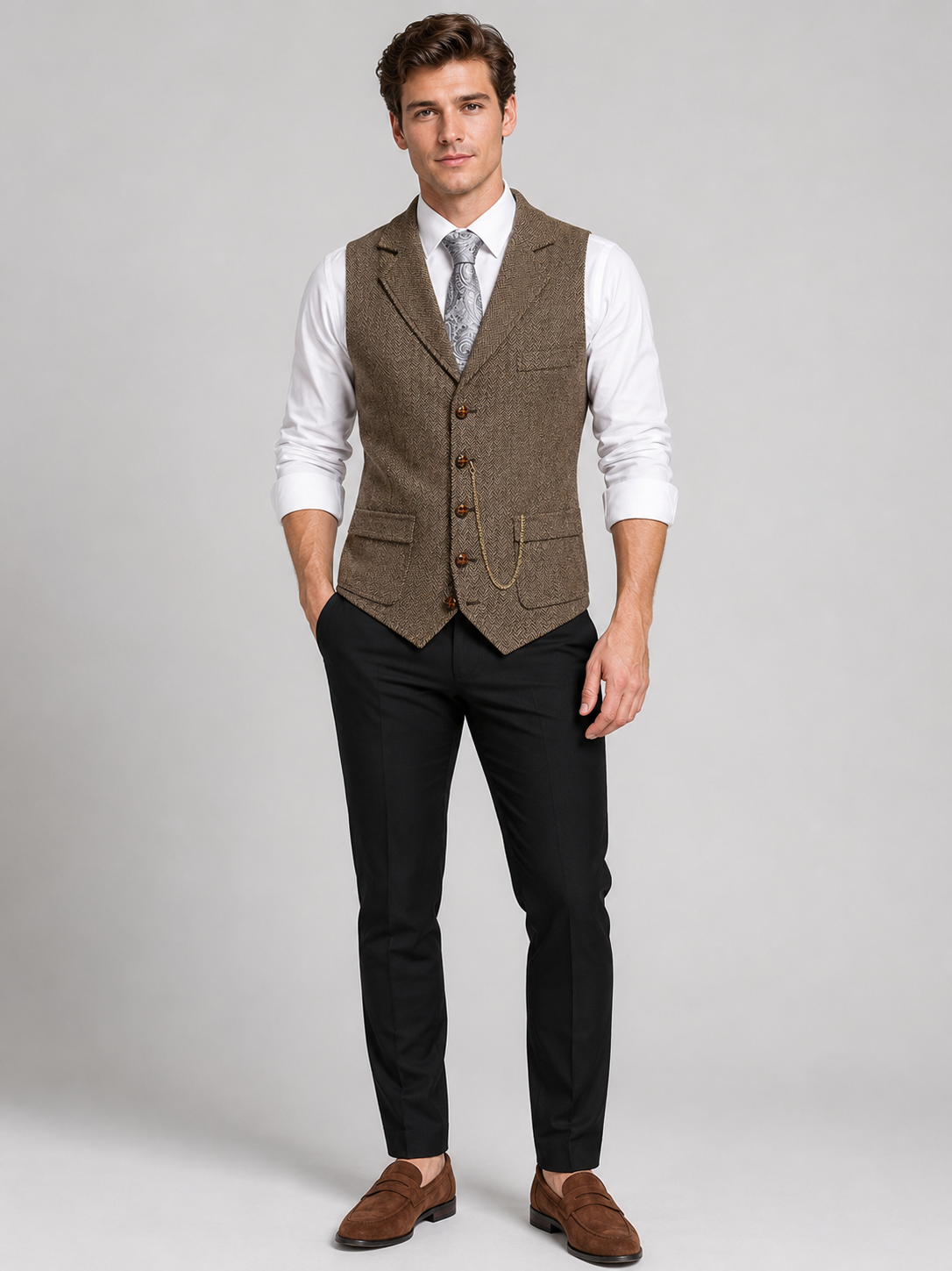 Brown herringbone tweed vest for men tailored suit layer for party and wedding wear