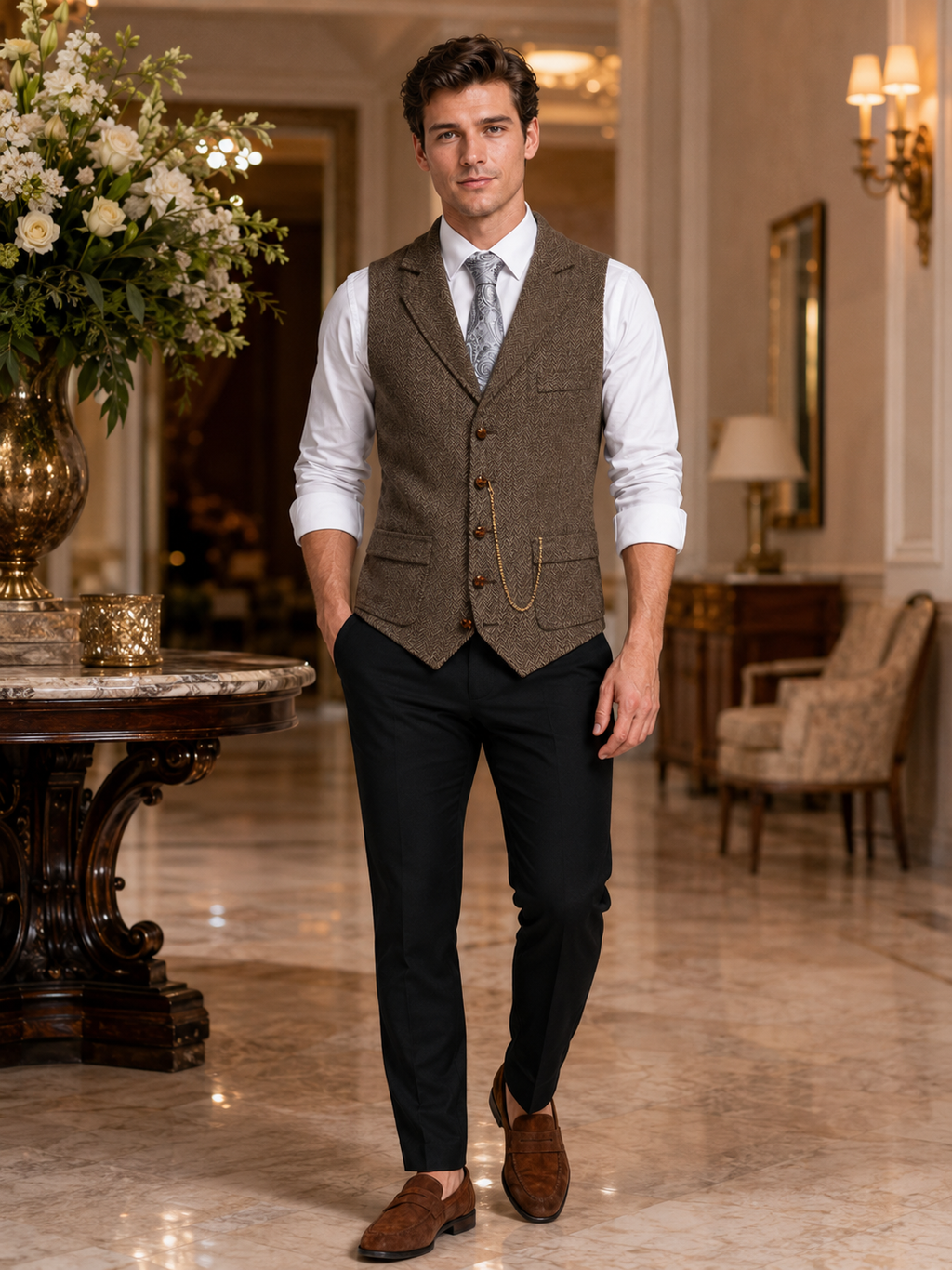 Man styling brown tweed vest in a classic wedding and business casual outfit