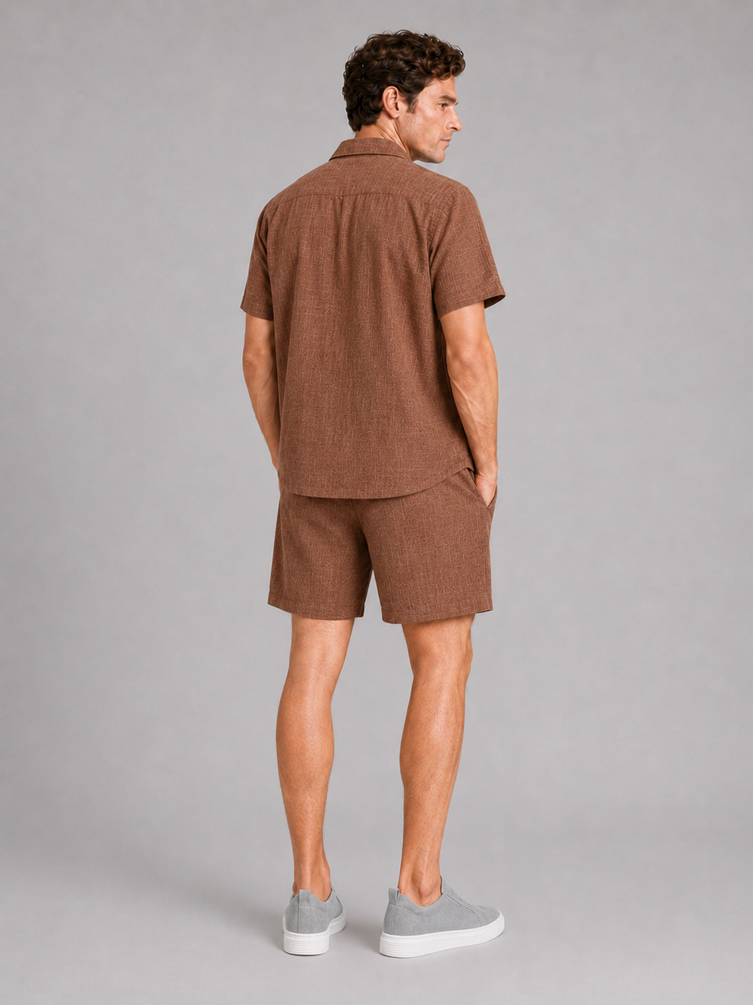 Men’s brown matching two piece set comfortable summer ensemble for beach and everyday outfits