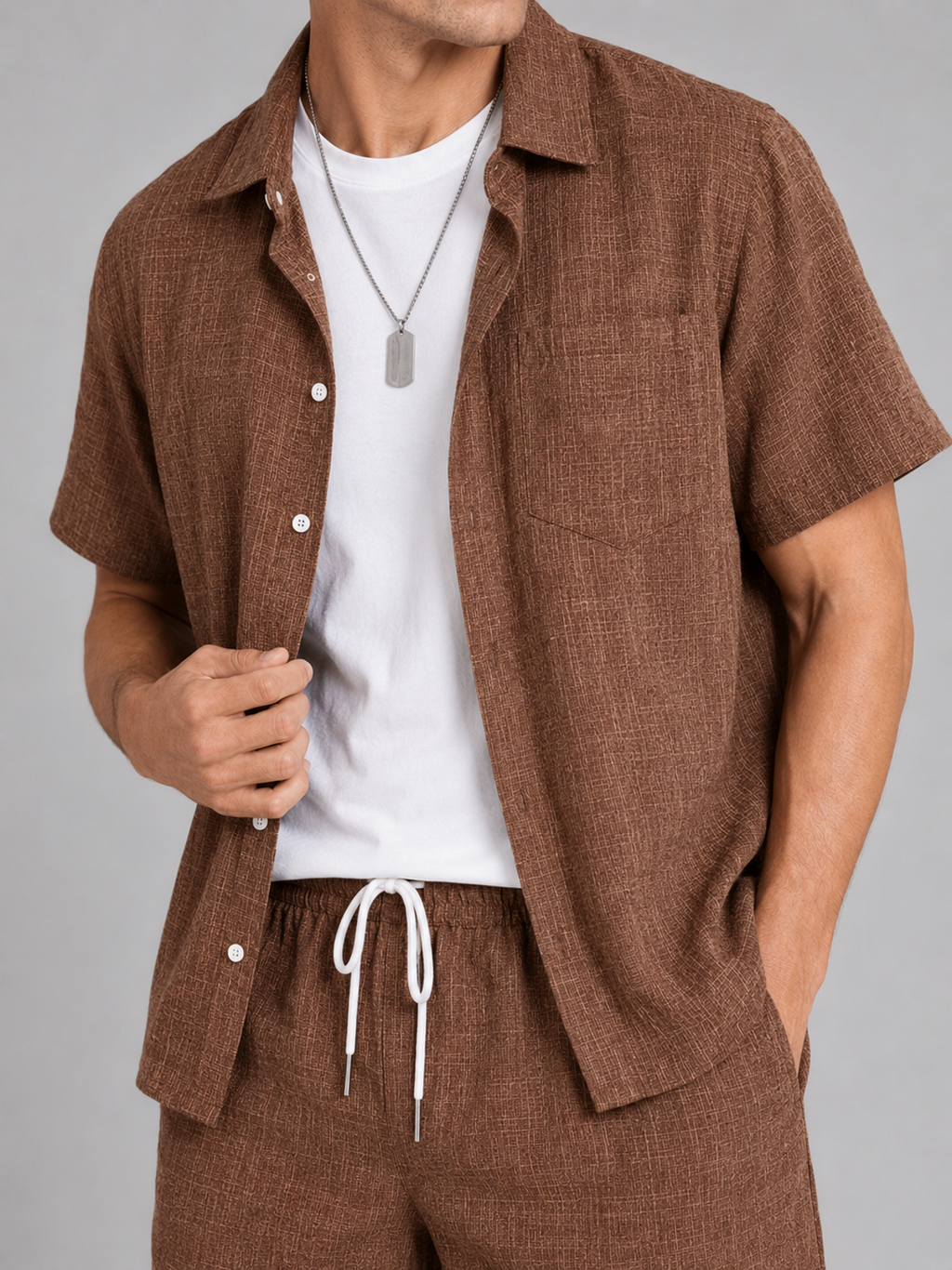 Close up of brown summer set showing lightweight breathable fabric and relaxed fit detail