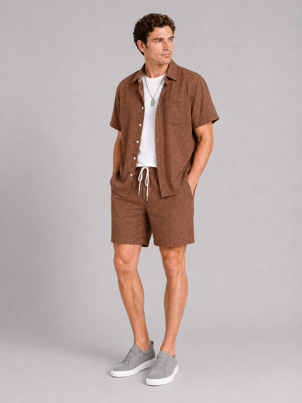 Brown shirt and shorts set for men loose fit summer outfit for casual vacation wear