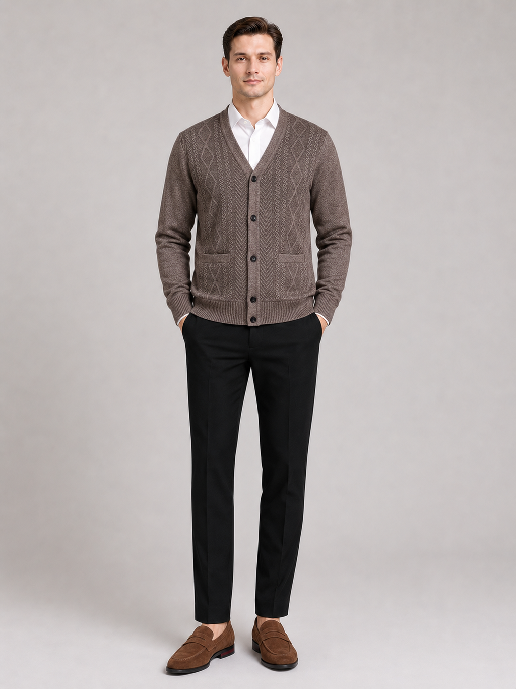 Brown v neck cardigan sweater for men warm button up layer for everyday winter wear