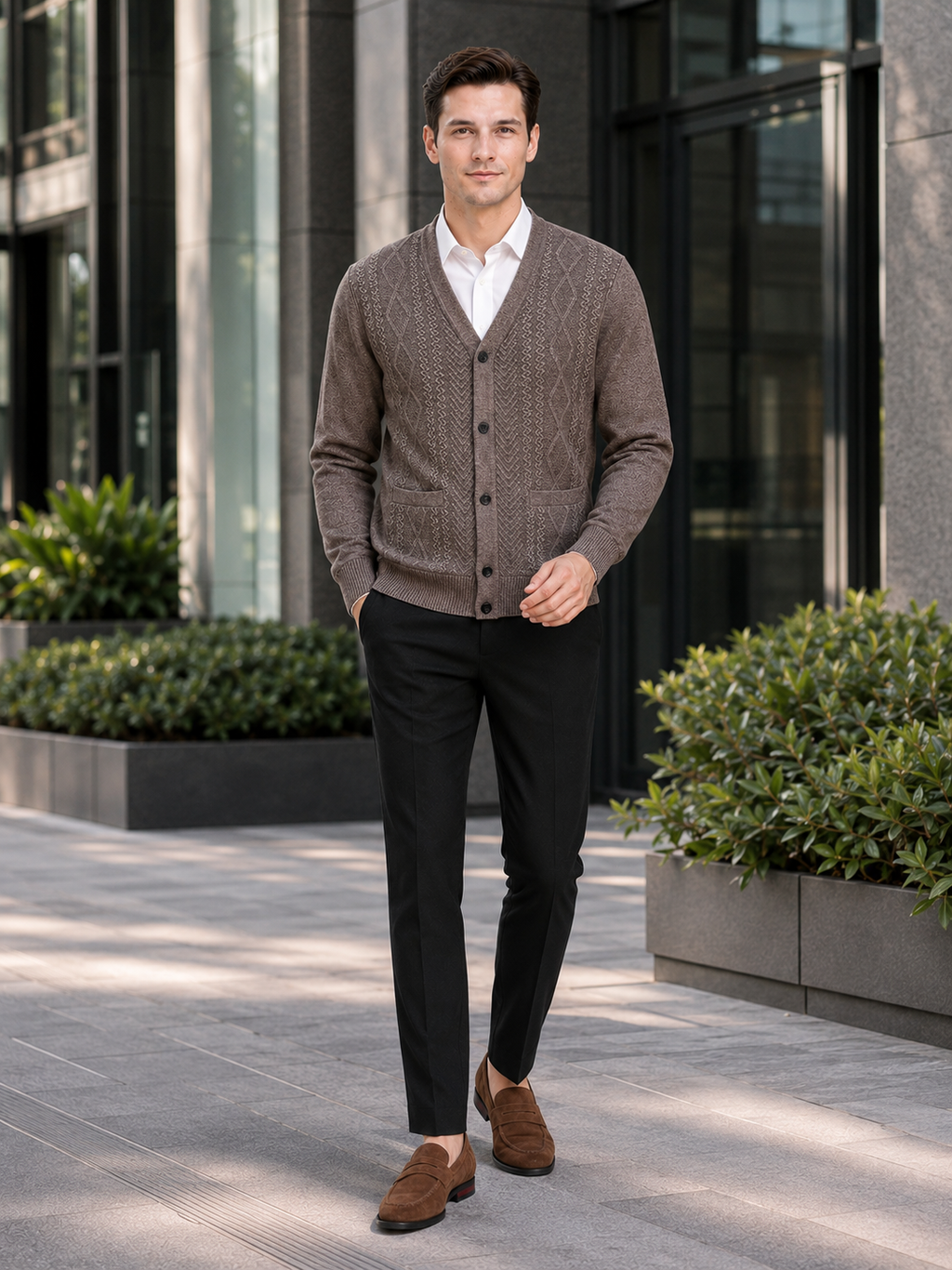 Man styling brown v neck cardigan sweater in a classic business casual and everyday lifestyle outfit