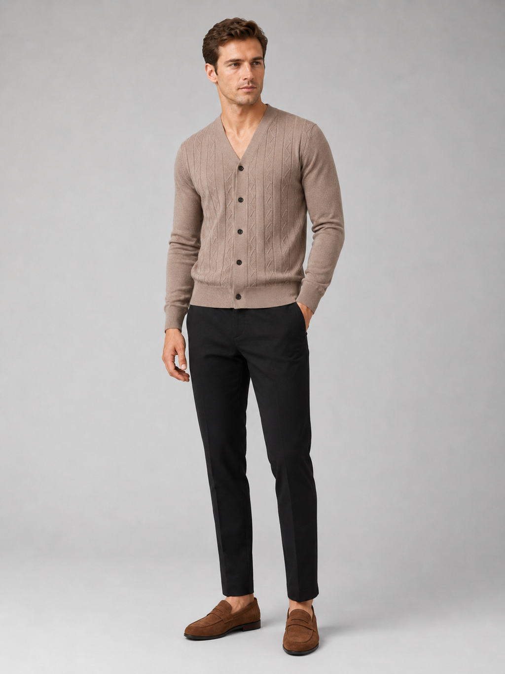 Brown v neck cardigan sweater for men slim fit layering piece for everyday wear