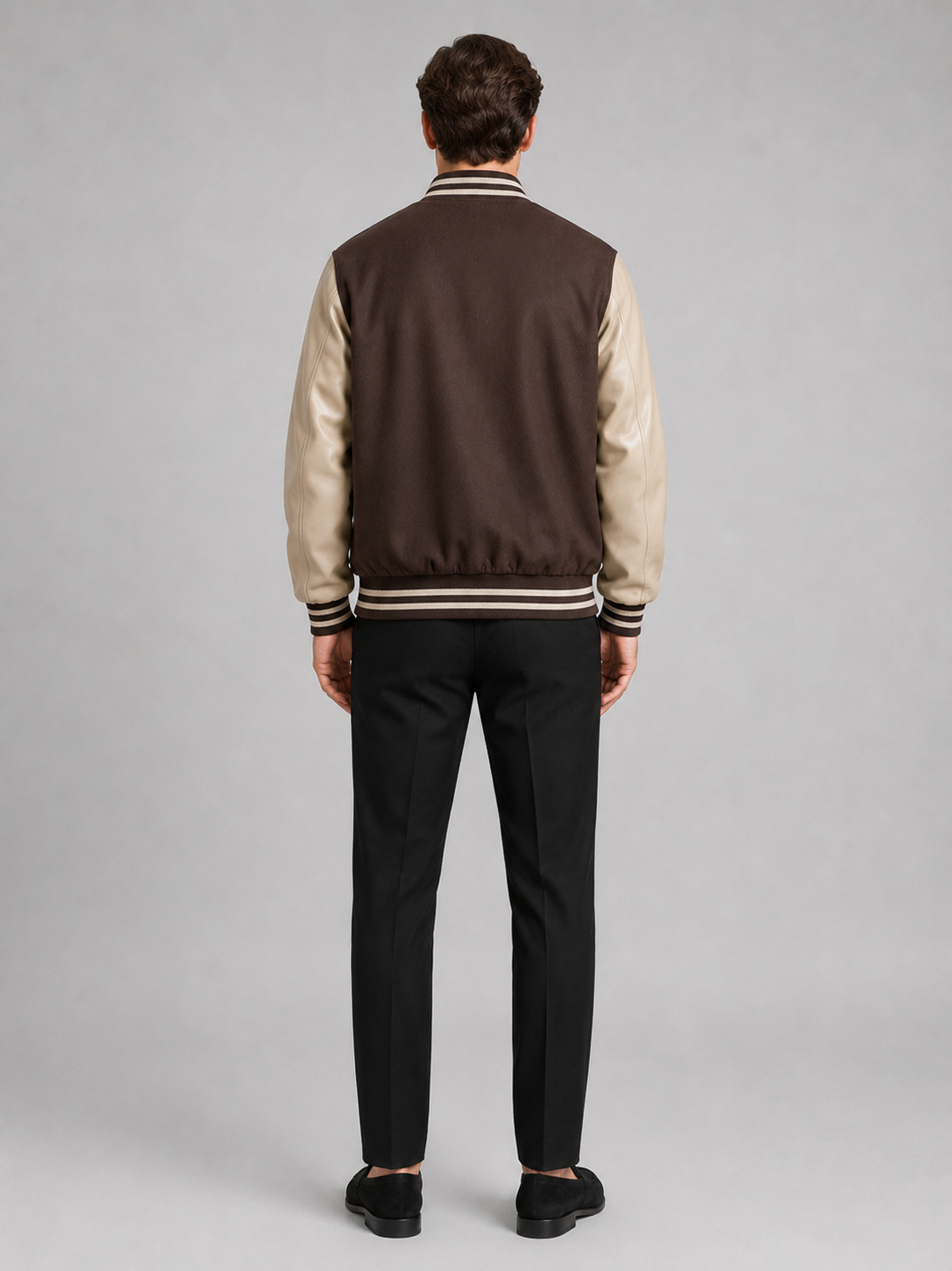 Men’s brown wool blend varsity jacket with leather sleeves comfortable layer for everyday outfits