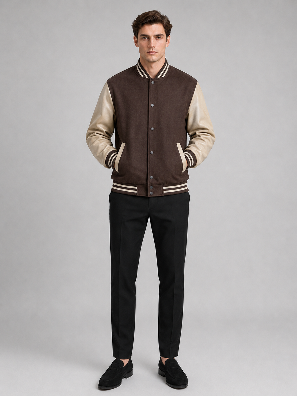 Brown varsity bomber jacket for men warm fall winter outerwear for casual and streetwear wear