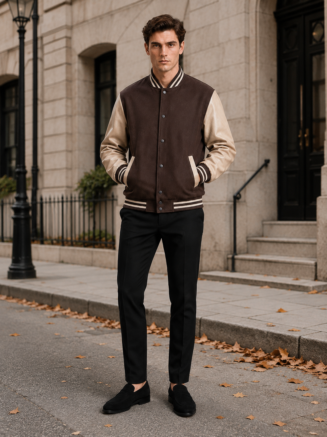 Man styling brown varsity bomber jacket in a classic streetwear and everyday lifestyle outfit