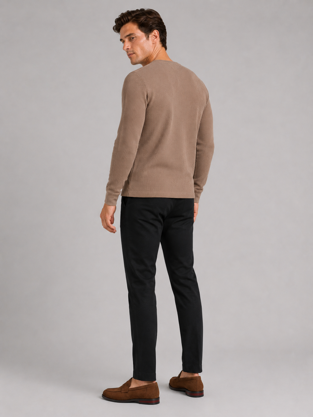 Men’s brown textured waffle knit top lightweight thermal layer for casual everyday outfits