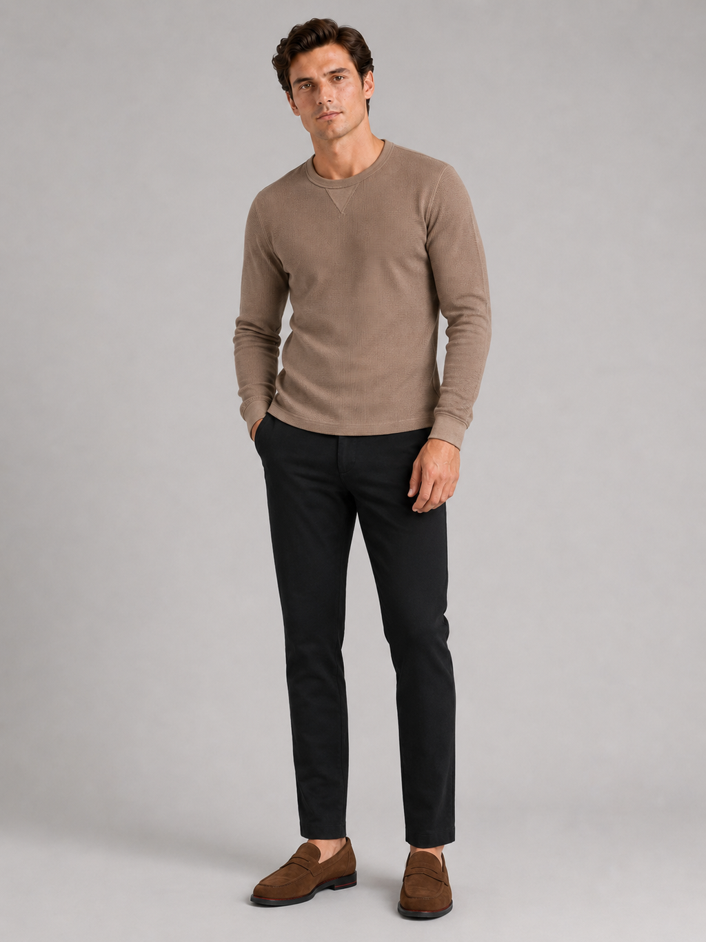 Brown waffle knit crewneck shirt for men comfortable long sleeve base layer for cooler weather