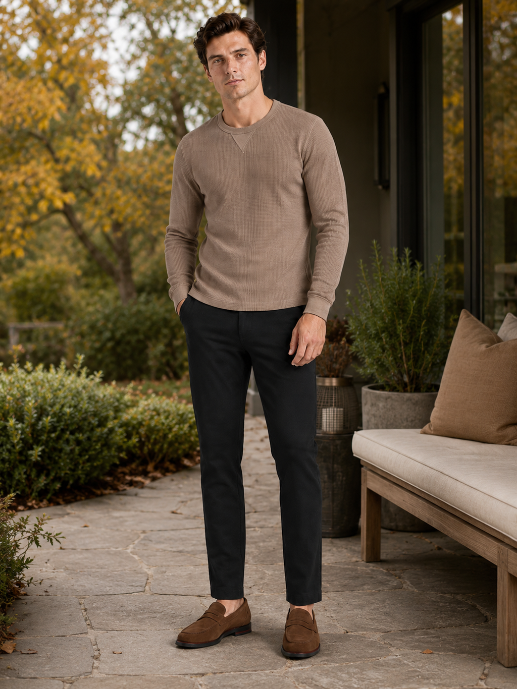 Man styling brown waffle knit shirt in a warm fall winter lifestyle outfit