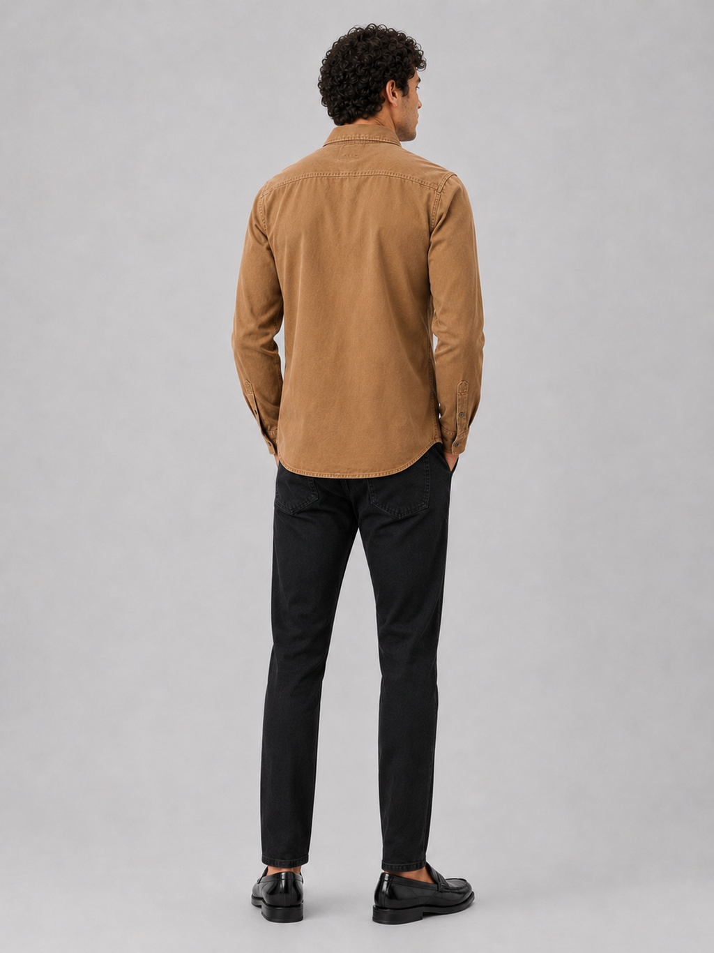 Men’s brown washed cotton button up shirt relaxed casual everyday workwear style