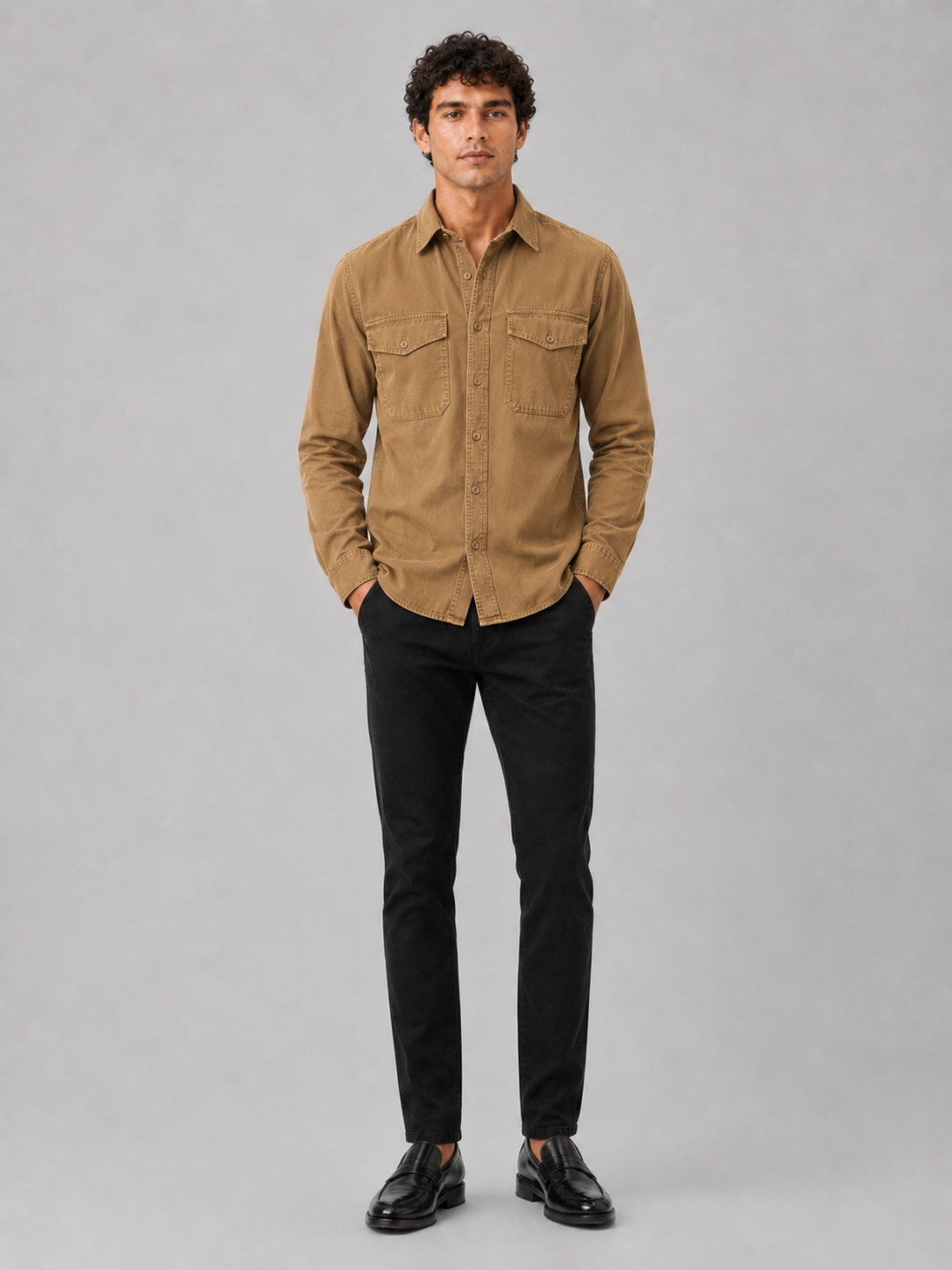 Brown long sleeve work shirt for men cotton button up with double chest pockets