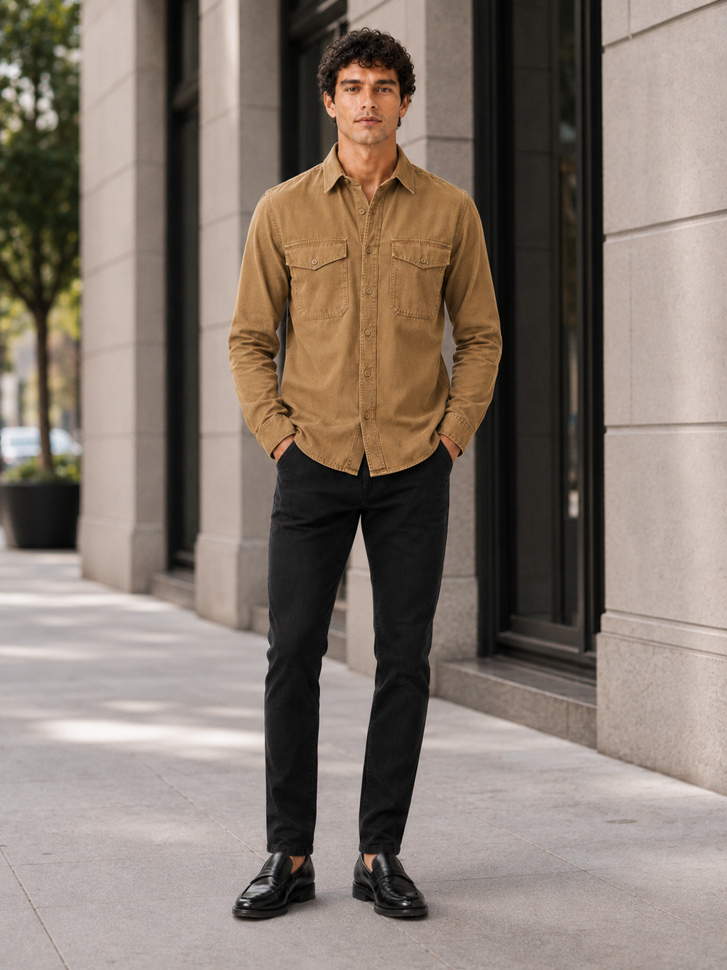 Man styling brown double pocket work shirt in a rugged casual everyday outfit