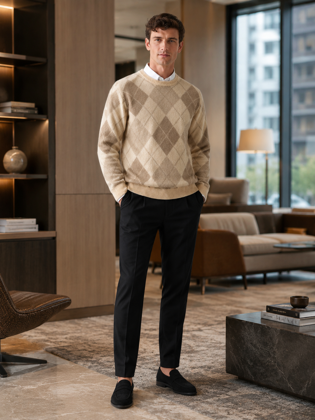 Man wearing a brown wool argyle crew neck sweater in a warm everyday fall winter outfit