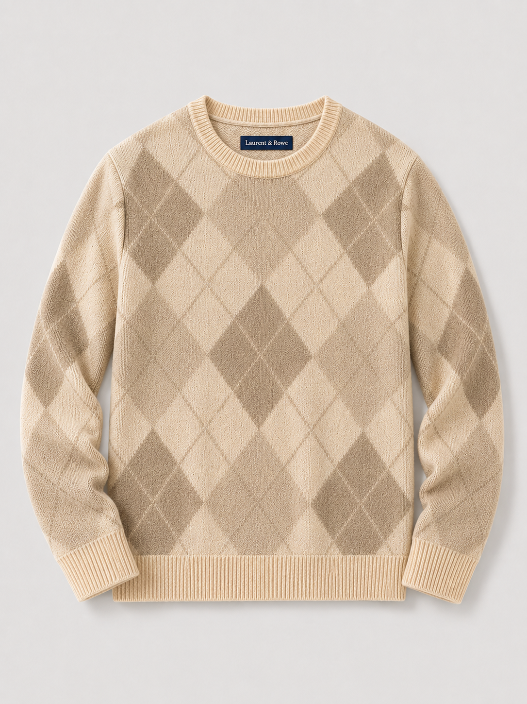 Brown men’s wool argyle crew neck sweater with a thick knit design displayed on a plain background