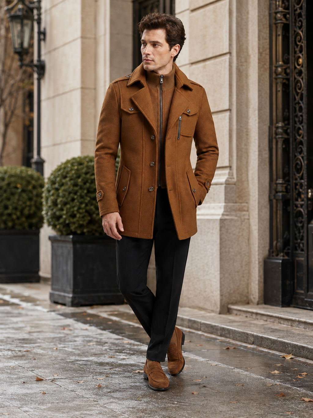 Man wearing a brown wool double collar overcoat in a business casual fall winter outfit for office and everyday wear