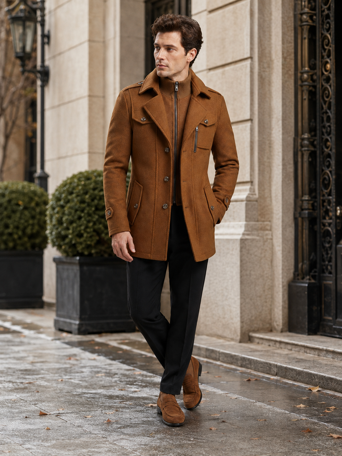 Man wearing a brown wool double collar overcoat in a business casual fall winter outfit for office and everyday wear