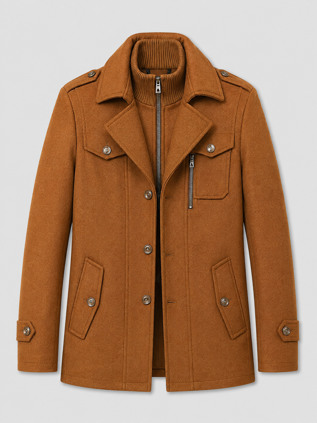 Brown men’s wool double collar overcoat displayed on a plain background