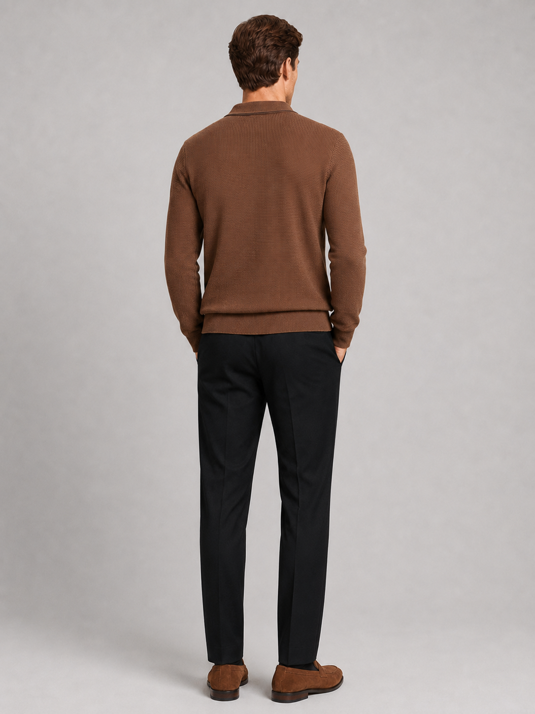 Men’s brown open collar polo sweater comfortable fall winter layer for business casual outfits