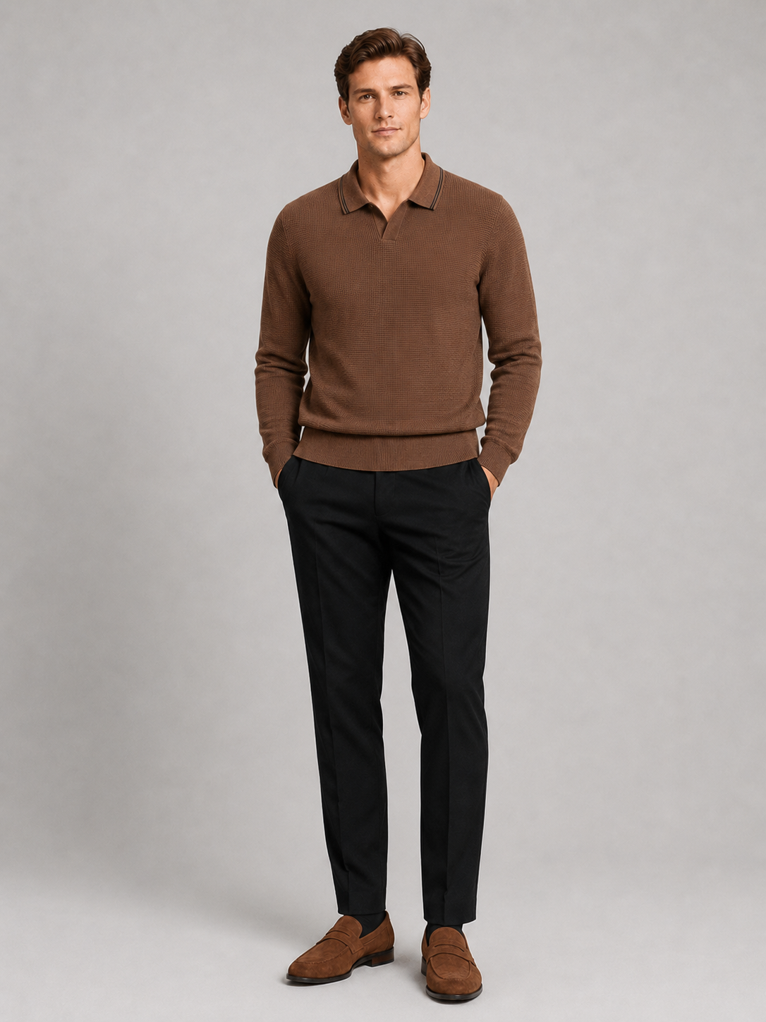 Brown wool Johnny collar sweater for men warm long sleeve knit top for everyday wear