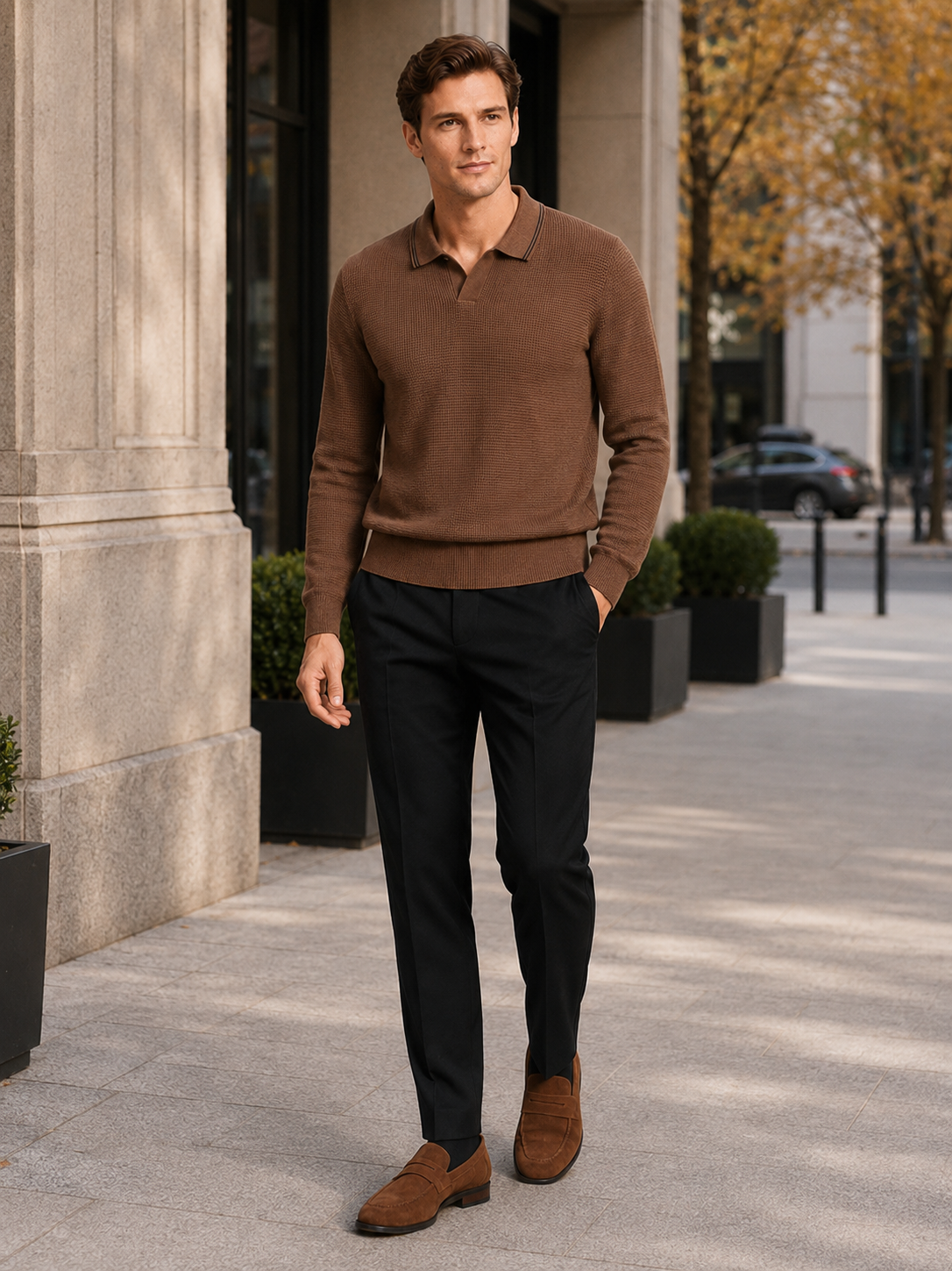 Man styling brown wool Johnny collar sweater in a refined business casual and everyday outfit