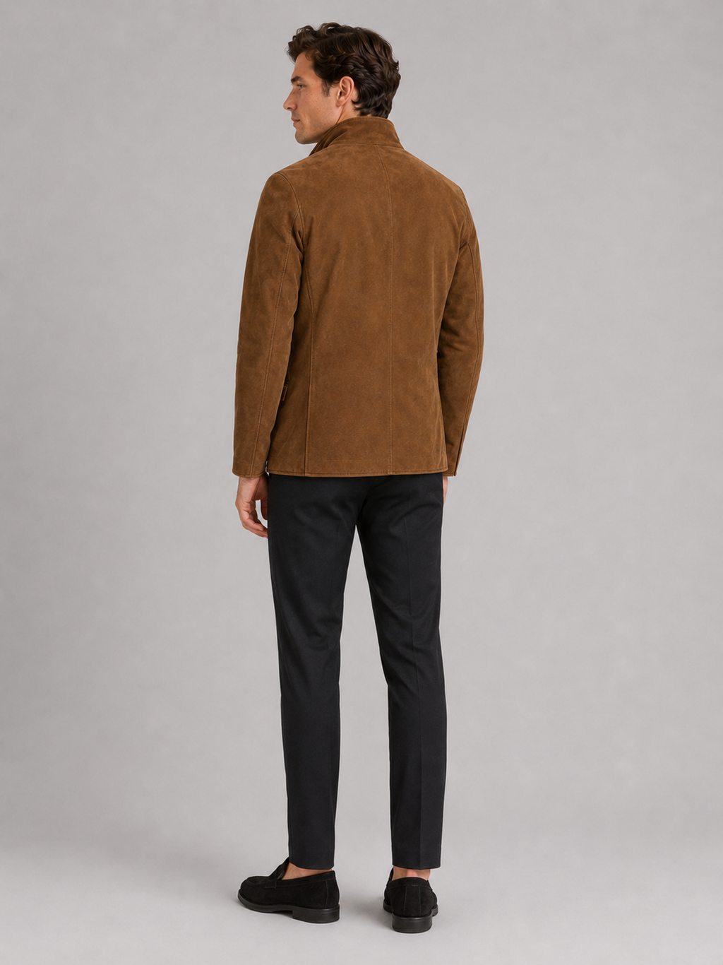 Men’s brown lapel jacket lightweight fall layer with utility inspired workwear design