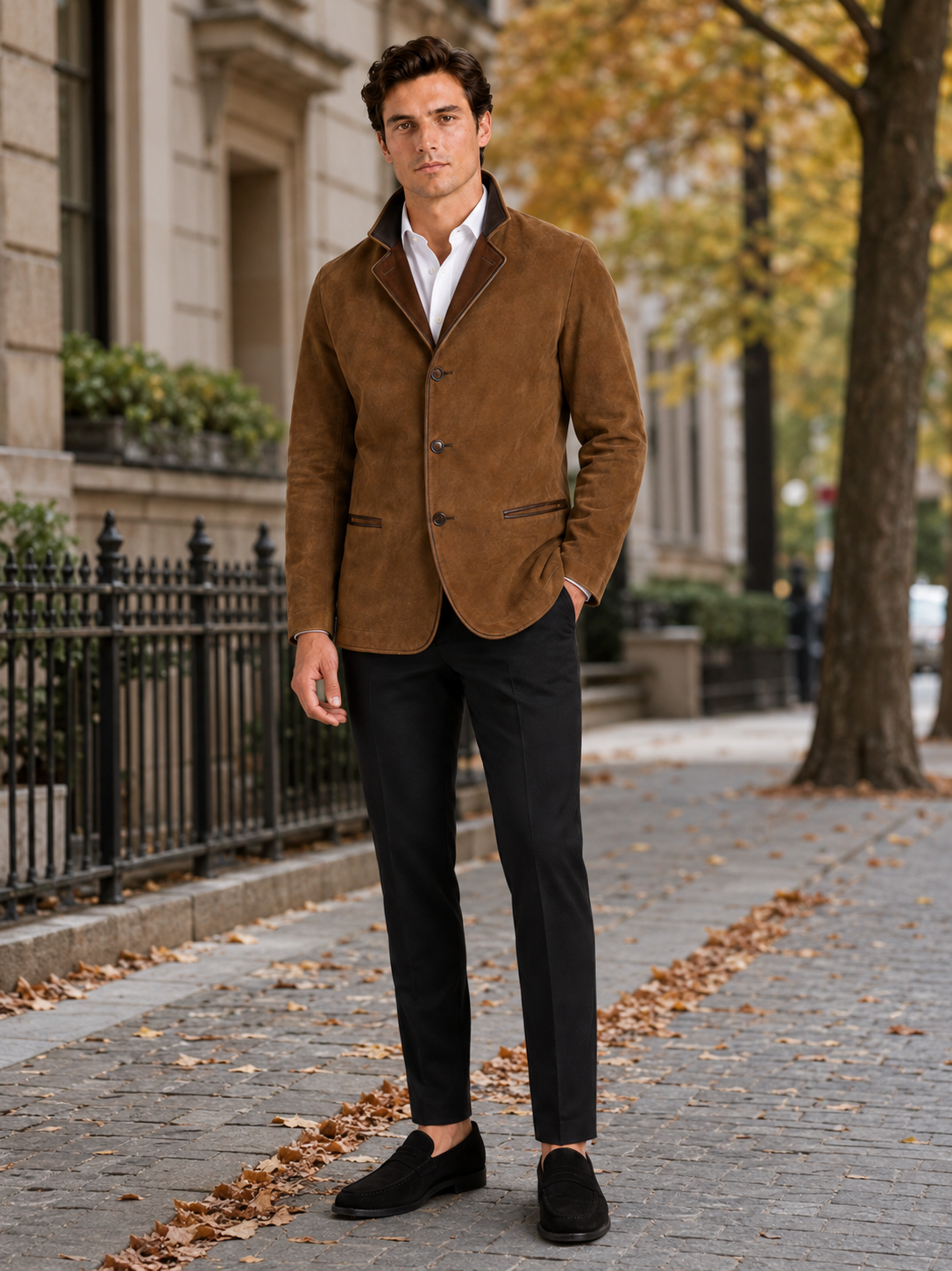 Man styling brown workwear jacket in a rugged streetwear and everyday lifestyle outfit