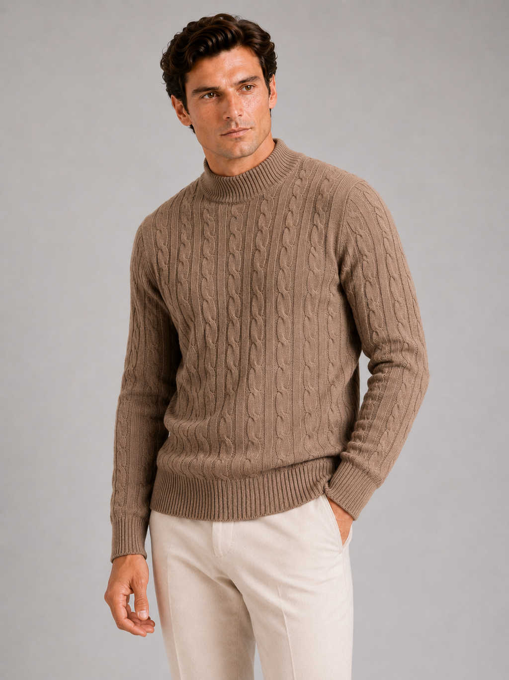 Men wearing brown 100 percent wool cable knit mock neck sweater warm fall winter style