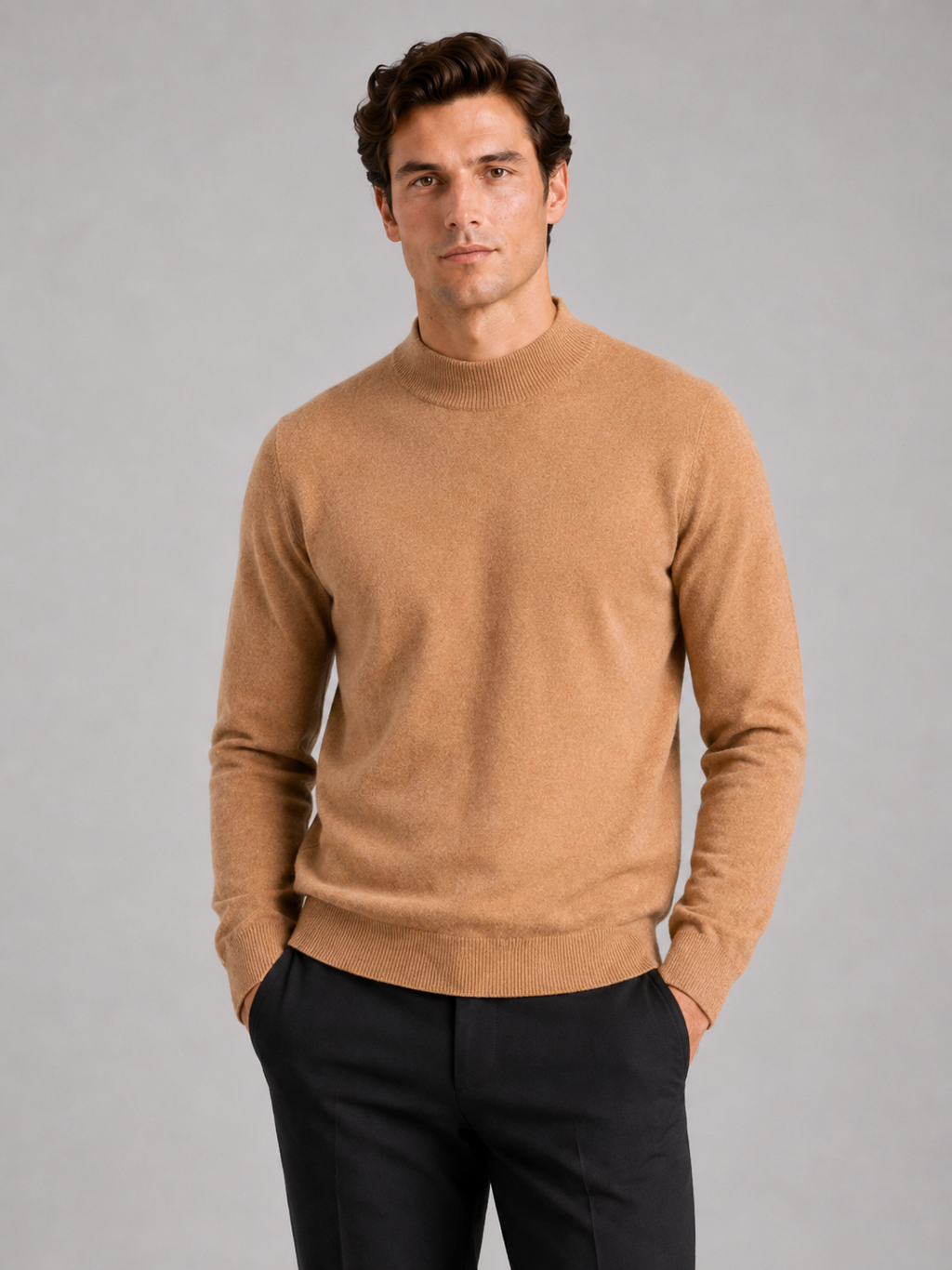 Men wearing brown 100 percent wool mock neck sweater warm solid color fall winter business casual style