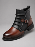Front view brown zip-up leather ankle motorcycle boots with a rugged design for fall and winter casual outfits