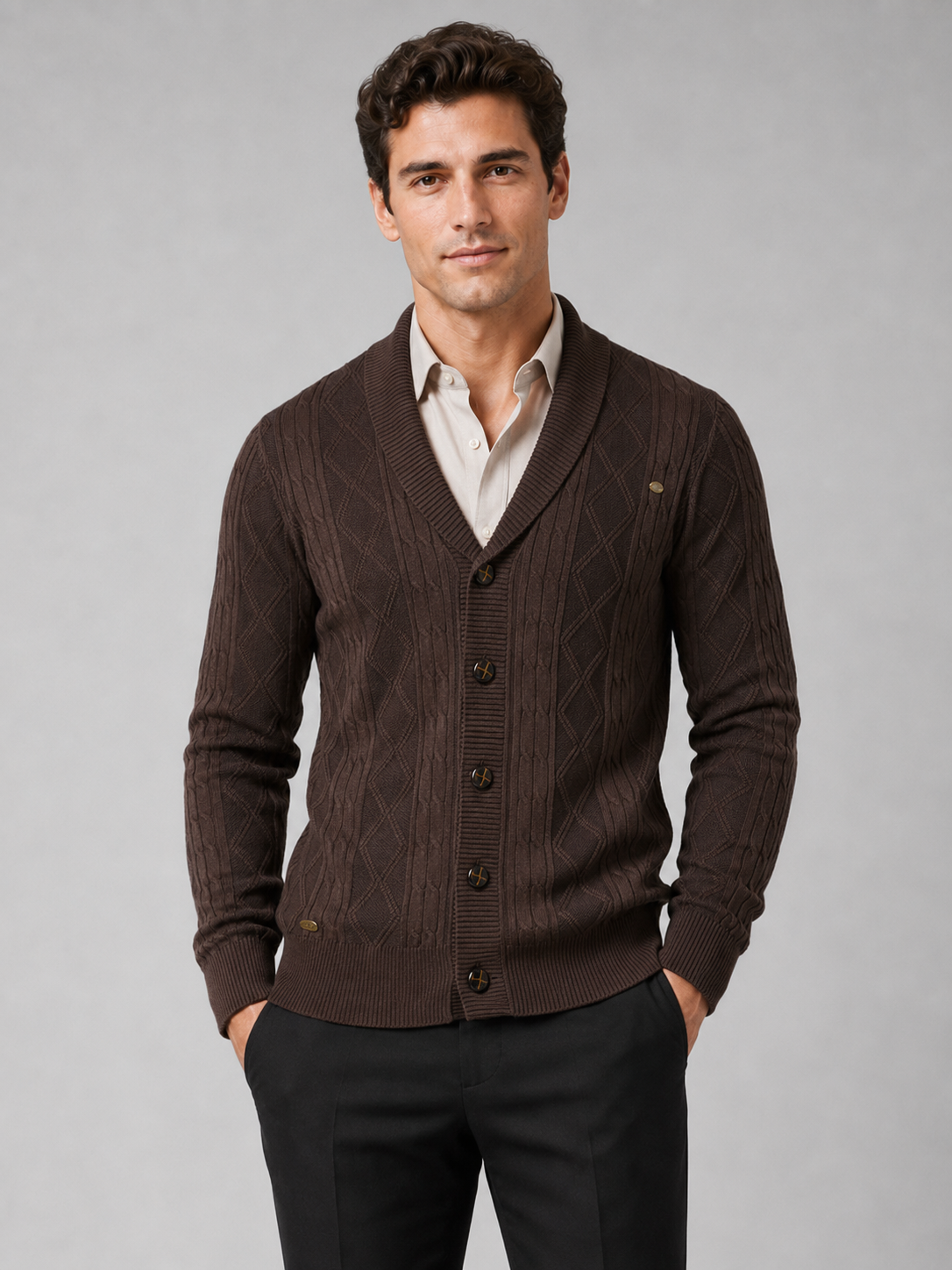 Men wearing brown argyle cardigan sweater cotton cable knit business casual fall winter style