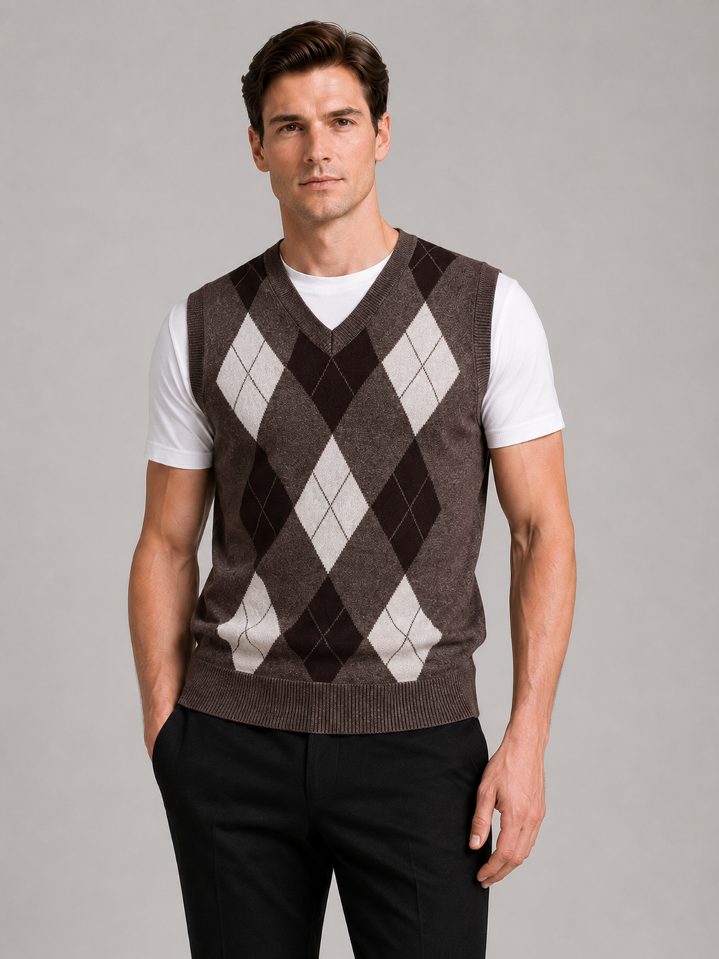 Men wearing brown argyle sweater vest v neck slim fit knit fall winter business casual style