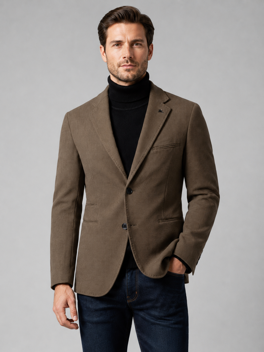 Men wearing brown blazer slim fit single breasted solid color fall winter business casual style
