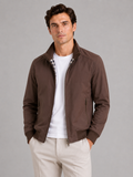 Men wearing brown bomber jacket slim fit stand collar zip up fall casual travel style