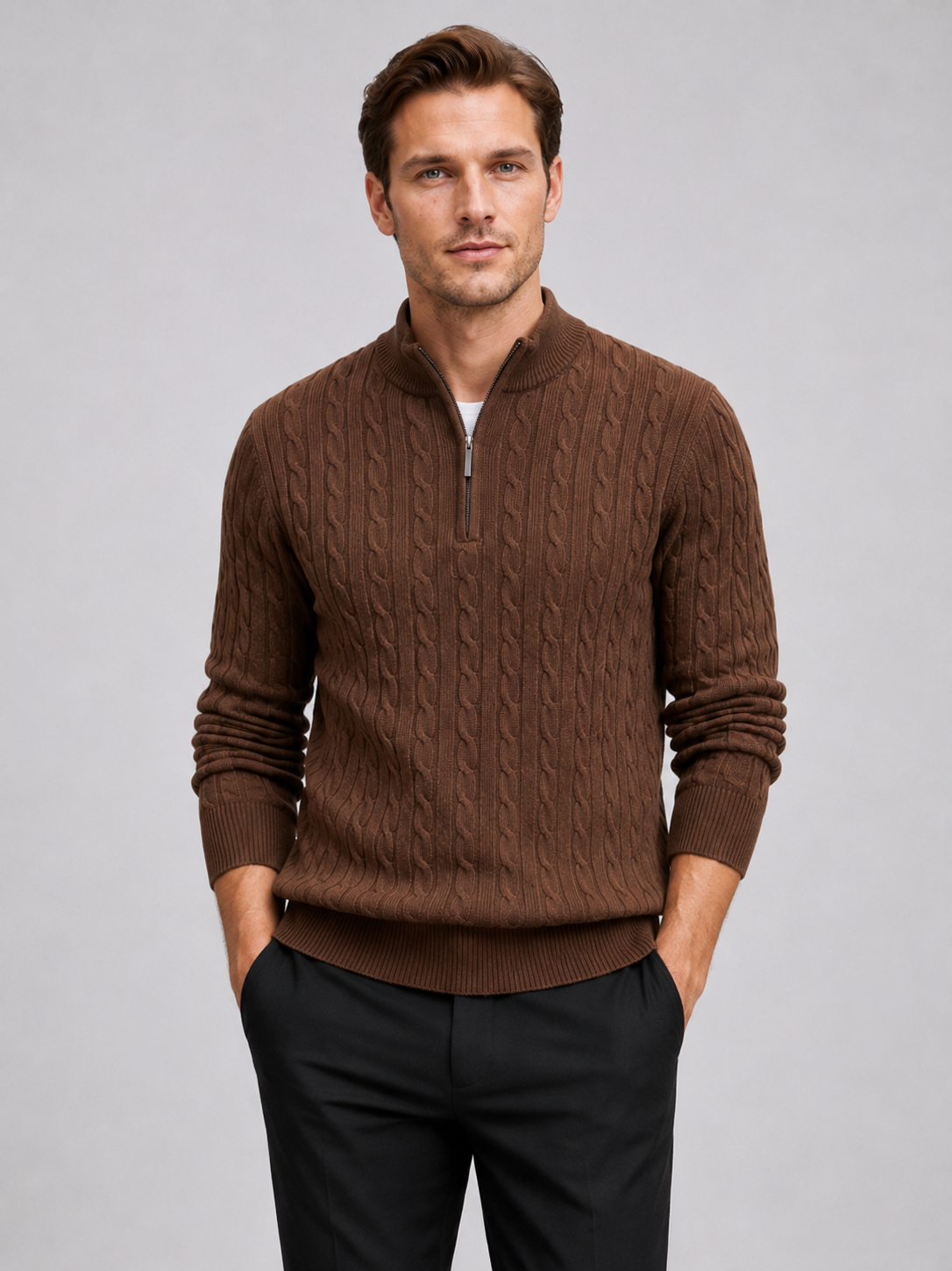 Men wearing brown cable knit quarter zip sweater mock neck thick warm fall winter business casual style