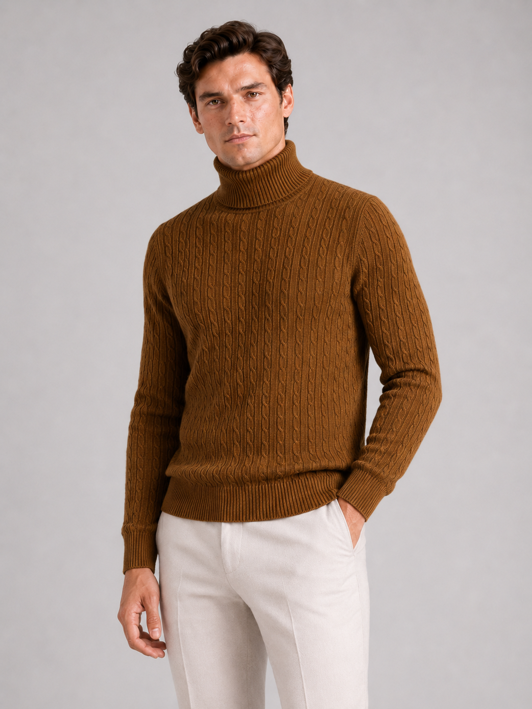Men wearing brown cable knit turtleneck sweater slim fit heavyweight winter casual style