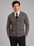 Men wearing brown v neck cardigan sweater knit long sleeve fall winter business casual style