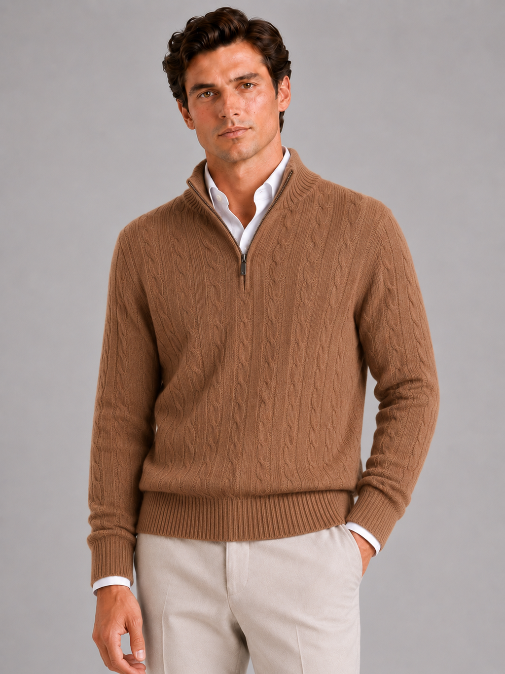 Men wearing brown cashmere cable knit sweater quarter zip mock neck warm fall winter style