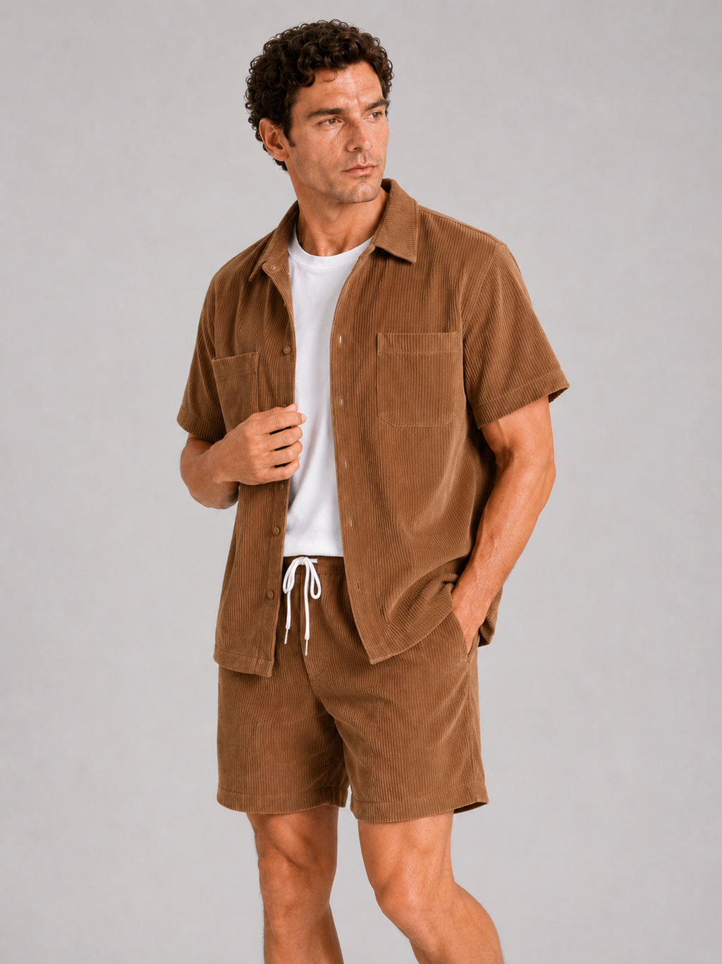 Men wearing brown corduroy button up shirt and shorts set summer vacation outfit beach style