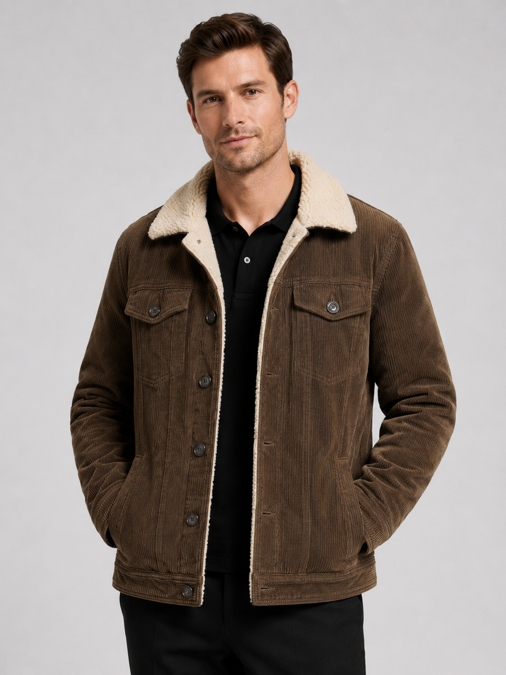Men wearing brown corduroy jacket cotton padded warm loose fit winter casual style