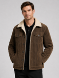 Men wearing brown corduroy jacket cotton padded warm loose fit winter casual style
