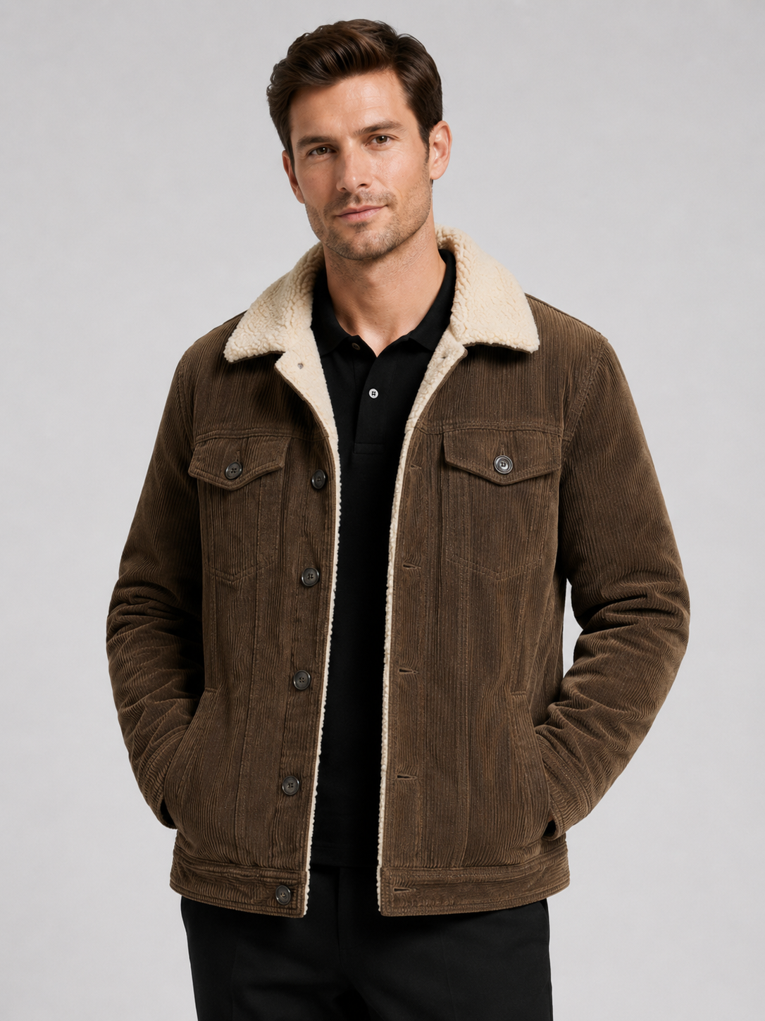 Men wearing brown corduroy jacket cotton padded warm loose fit winter casual style